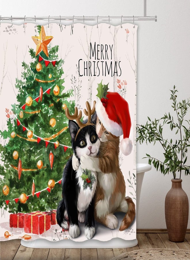 Tititex Merry Christmas Cute Cats Shower Curtain Sets, Christmas Tree Winter Holiday Kitten Ivory Bathroom Curtain Decoration 71x71 Inch with Hooks - Image 1